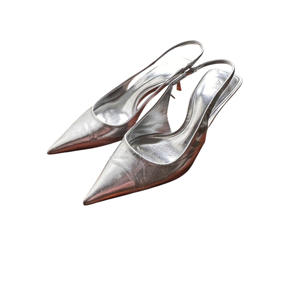 ZARA Pointed Toe Kitten Heels Silver Sz 39 (US 8.5)